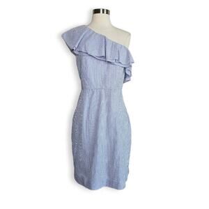 J. Crew One Shoulder Ruffle Seersucker Dress in blue size 10 NWT